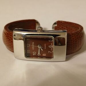 Geneva Open Cuff Watch Women Silver Tone Brown Reptile Print Japan Quartz Movt